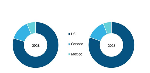 North America Oral Care Market, By Country, 2021 and 2028 (%)