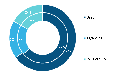 South America Forklift Battery Market, By Country, 2020 and 2028 (%)